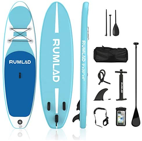 Rumlad Inflatable Stand Up Paddle Board 4 Inches Thick with One-Way Sup Dedicated Pump&Backpack,Adjustable Special Pulp,Simple Foot Rope,Waterproof Cell Phone Bag,Youth & Adult,630c Blue