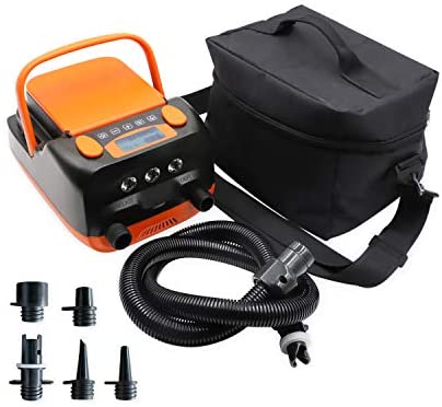 Tuomico SUP Electric Air Pump with 6 Nozzles Built in Temperature Sensor and Voltage Meter for Boats Tents Max 16 PSI Portable LCD Digital Electric Pump 
