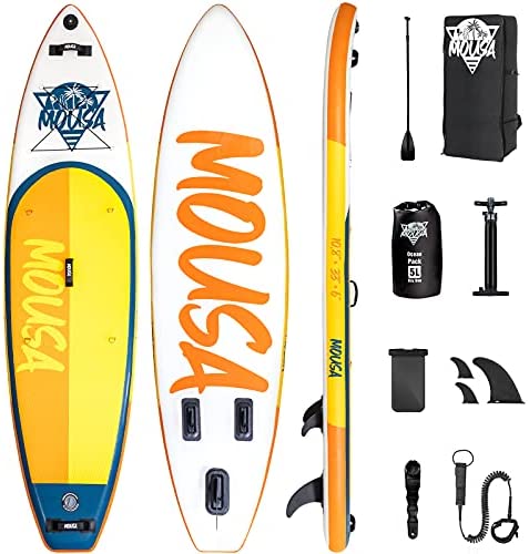 Mousa Inflatable Paddle Board, 10'8'' 33'' 6'' SUP, Camera Mount, 3-Fin Floating Paddleboard Non Slip Deck, Waterproof Phone Bag, Backpack Yoga ISUP, Fast Inflation Pump, Light Oar