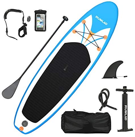 Rumlad Inflatable Stand Up Paddle Board 4 Inches Thick with One-Way Sup Dedicated Pump&Backpack,Adjustable Special Pulp,Simple Foot Rope,Waterproof Cell Phone Bag,Youth & Adult,Blue