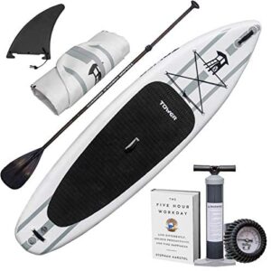 TOWER Inflatable 10’4” Stand Up Paddle Board - (6 Inches Thick) - Universal SUP Wide Stance - Premium SUP Bundle (Pump & Adjustable Paddle Included) - Non-Slip Deck - Youth and Adult