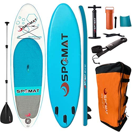 SPOMAT Inflatable SUP 10ft6inx33inx6in Stand Up Paddle Board with Durable ISUP Accessories & Travel Backpack, Non-Slip Deck, Leash, Adj Paddle, Pump, Repair Kit, Youth & Adult Inflatable Paddle Board