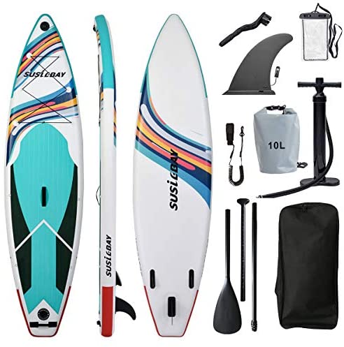 Floating Paddle Yoga Board SUSIEBAY Inflatable Stand Up Paddle Boards Traveling Board for Surfing Backpack Board Carrier Drop Stitch Waterproof Bag Hand Pump