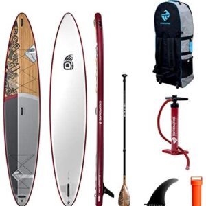 Boardworks SHUBU Great Bear | Touring All Water Inflatable Stand Up Paddleboard | SUP Package Includes Pump, Three Piece Paddle and Roller Bag Complete Kit | 14', Red/Grey/White
