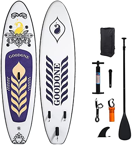GOODONE Inflatable Stand Up Paddle Board, Peacock Pattern Yoga Type SUP with Premium Accessories Including Carry Bag, Non-Slip Deck, Paddle, Hand Pump, Bottom Fin and Leash 10'6"x31.5"x6"