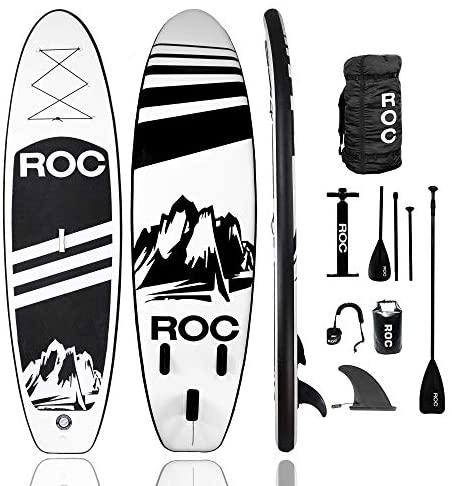 Roc Inflatable Stand Up Paddle Boards W Free Premium SUP Accessories & Backpack, Non-Slip Deck Bonus Waterproof Bag, Leash, Paddle and Hand Pump