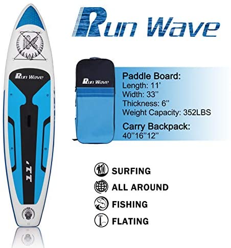Runwave Inflatable Stand Up Paddle Board 11×33×6 Bottom Fins for Surfing Control Wide Stance Non-Slip Deck with Premium SUP Accessories 6 Thick Youth Adults Beginner