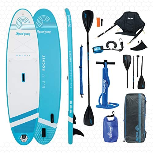 Aquaplanet Rockit BLU Travel SUP Inflatable Stand Up Paddle Board Kit | 4” Thick | 10’2” Long | Kayak Seat | Convertible Paddle | Carry Backpack | Dual-Action Pump | Ankle Safety Leash | Dry Bag