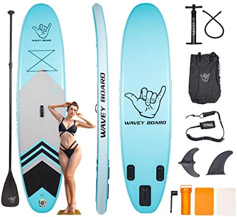 WAVEY BOARD Inflatable 10' Stand Up Paddle Board for Adult Premium SUP Blow up Paddle Board for Youth Kids Fishing (6" Thick) with ISUP Accessories Backpack Bag, Pump, Adjustable Paddle