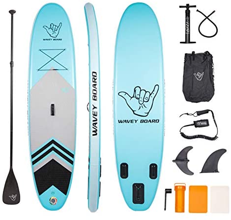 WAVEY BOARD Inflatable Stand Up Paddle Board 6" Thick SUP Board PVC with Adjustable Paddle Backpack Pump and Bottom Fin for All Skill Levels Youth & Adult Surfboard