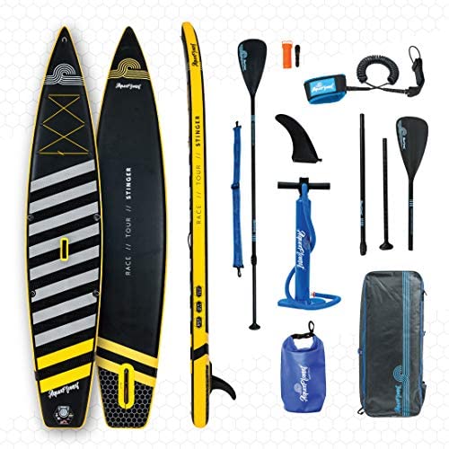 Aquaplanet Stinger Fusion SUP Inflatable Stand Up Paddle Board Kit 6” Thick | 12’6” Long | Adjustable Paddle | Carry Backpack | US Fin Box | Dual-Action Pump | Ankle Safety Leash | Waterproof Dry Bag