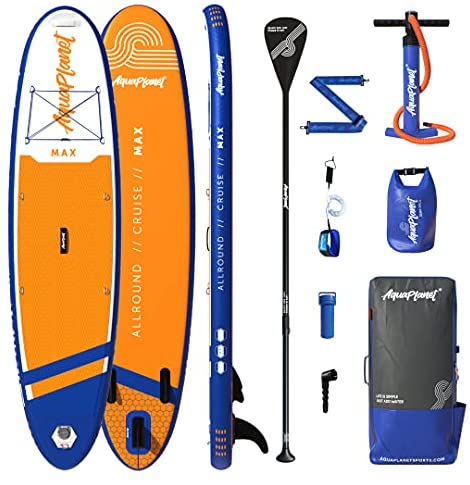 Aquaplanet 10ft 6" x 15cm MAX Stand Up Paddle Board kit. Air Pump with Pressure Gauge,Adjustable Aluminium Floating Paddle, Repair Kit,Heavy Duty Rucksack,Premium Leash & 4 Kayak Seat Rings