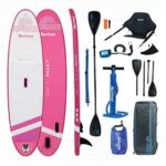 Aquaplanet Rockit PNK Travel SUP Inflatable Stand Up Paddle Board Kit | 4” Thick | 10’2” Long | Kayak Seat | Convertible Paddle | Carry Backpack | Dual-Action Pump | Ankle Leash | Dry Bag